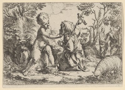Den unge Sankt Johannes Døberen knæler foran det spæde Kristus, der kærtegner hans f..., ca. 1600-1640. af Guido Reni