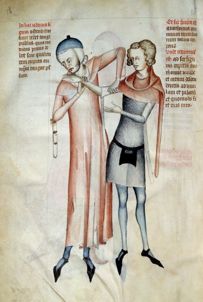 Kirurgi: læge undersøger sin patients led ved at strække en arm (osteopat). Miniature i ""Liber notables Philippi den syvende konge af frankerne, uddrag fra Galiens bøger"" skrevet af Gui (Guy) af Pavia af Guido da Vigevano da Pavia