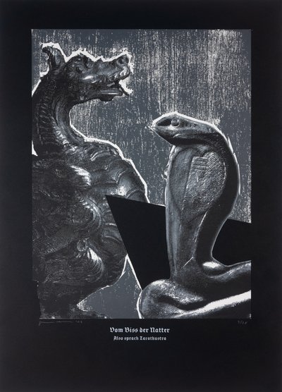 On The Adder´s Bite, Thus Spoke Zarathustra, 2024 (Træsnit og silketryk) af Guilherme Pontes