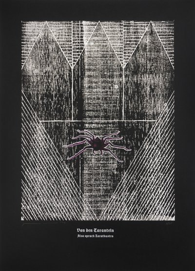 On The Tarantula, Thus Spoke Zarathustra, 2024 (træsnit og silketryk) af Guilherme Pontes