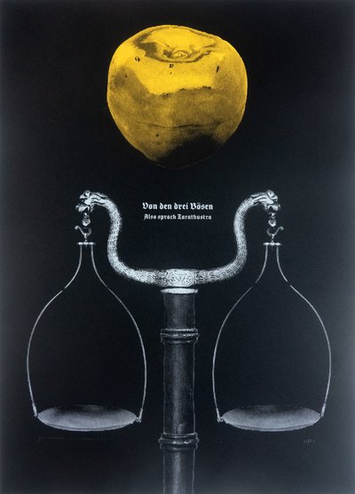 Om de tre onder, Således talte Zarathustra, 2025 (træsnit og silketryk) af Guilherme Pontes