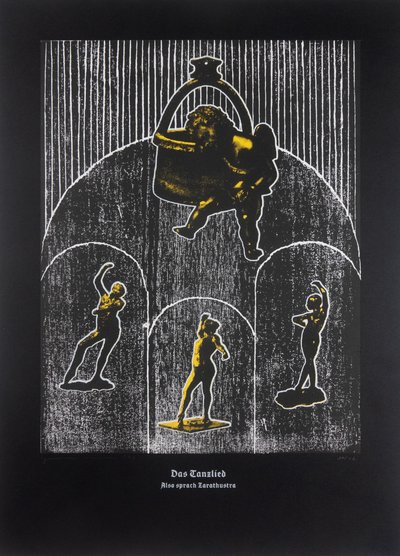 The Dancing Song, Thus Spoke Zarathustra, 2024 (træsnit og silketryk) af Guilherme Pontes