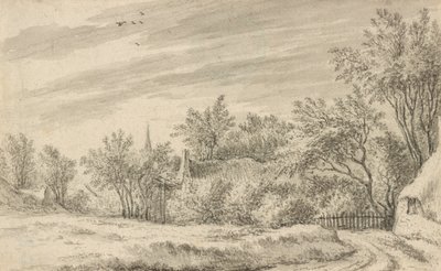 Landsbysti med kirkespir i det fjerne af Guillam Dubois
