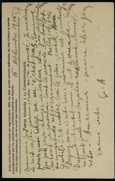Autografpostkort til Jean Mollet, dateret 16. september 1915 af Guillaume Apollinaire