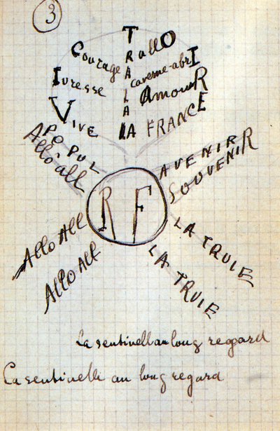Calligram af Guillaume Apollinaire - i "" Bomuld i ørerne", autografmanuskript af 17 blade af Guillaume Apollinaire