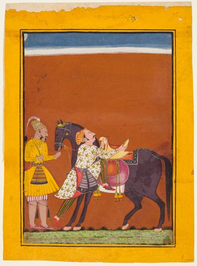 En kriger, der besætter en fastholdt hest: Saindhava Ragaputra fra Shri, fra en Chamba Ragamala af Guillaume Benjamin Amand Duchenne (de Boulogne)