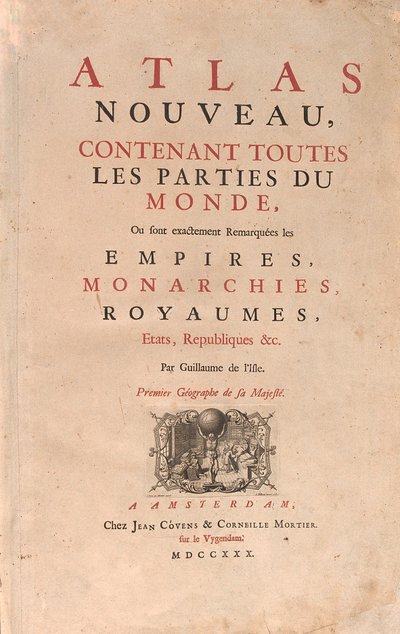 Atlas, der bærer verden, i en geografikortbutik (ætsning af Guillaume Delisle