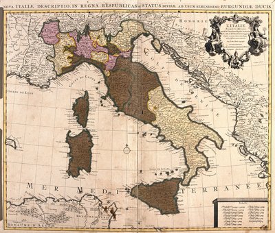 Kort over Italien med Korsika, Sardinien og Sicilien (radering af Guillaume Delisle