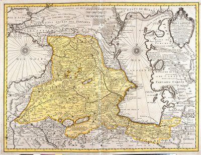 Kort over nabolandene i Det Kaspiske Hav (Rusland, Armenien, Persien, Kasakhstan, Turkmenistan) (radering) af Guillaume Delisle