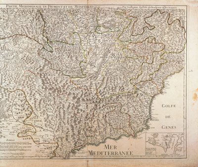 Sydlige Piemonte-region, Monferrato og Vestligurien-regionen. Kort af Guillaume de l