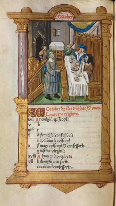 Trykt tidebog (brug af Rom): fol. 11v, oktober-kalenderside af Guillaume Le Rouge