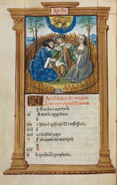 Trykt timebog (brug af Rom): fol. 5v, illustration af april-kalender af Guillaume Le Rouge