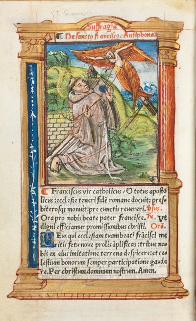 Trykt Timebog Brug af Rom: fol. 106v, Sankt Frans af Assisi, 1510. af Guillaume Le Rouge