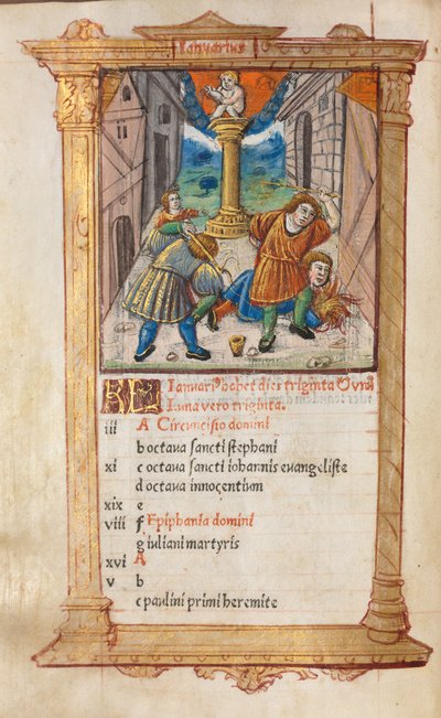 Trykt Timebog Brug af Rom: fol. 2v, januar kalenderillustration, 1510. af Guillaume Le Rouge