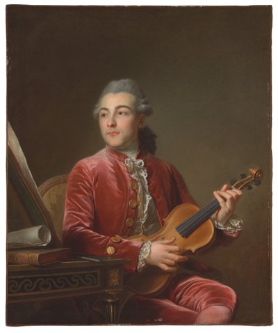 Portræt af en gentleman, halvlang, siddende i en rød fløjlsjakke med en violin (olie på lærred) af Guillaume Voiriot
