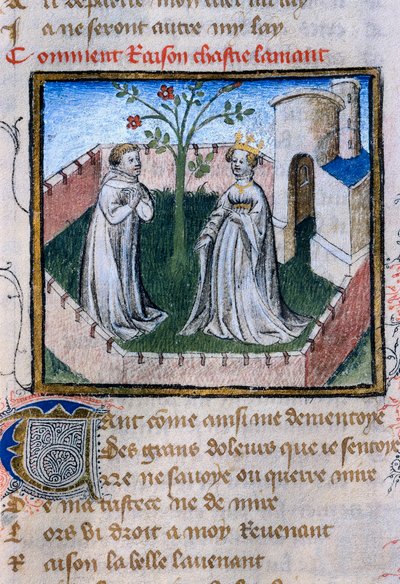 Repræsentation af et par elskere nær en rose, miniature i "Roman de la Rose" af Guillaume de Lorris