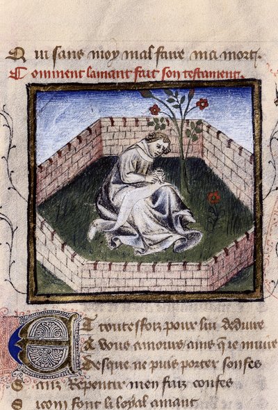 Repræsentation af en forelsket ung dreng i glædens have, der opdager Narcissus-fontænen, miniature i "Roman de la Rose" af Guillaume Lorris af Guillaume de Lorris