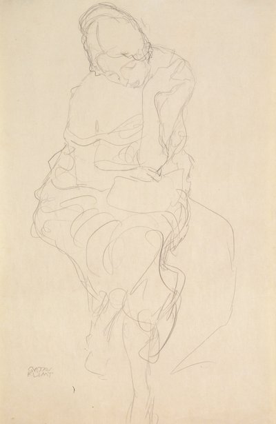 Set forfra af den person, der sidder på en skammel af Gustav Klimt