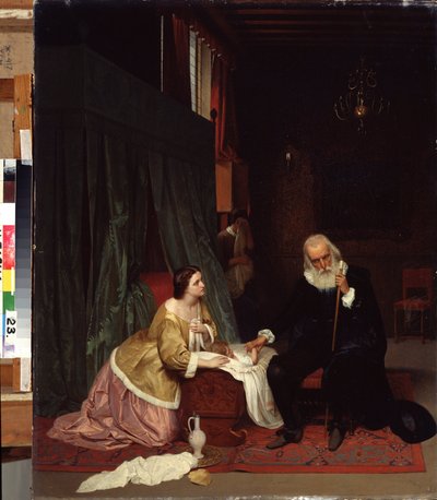 ""Lægebesøget"" En læge tager pulsen på et sygt barn under sin mors vågent øje. Maleri af Gustav Budkovsky (1813-1884) 1859 State Art Museum, Nizhny Tagil, Rusland af Gustav Budkowski