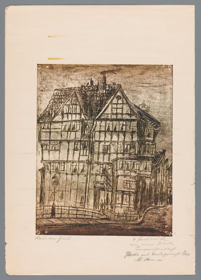 Gengivelse af et tryk eller en tegning med udsigt til et gammelt hus, muligvis i Greiz i Tyskland af Gustav Digel (signed by artist)