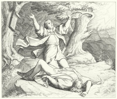 Alexis, Martin Luthers ven, efter at han blev ramt af lynet under deres rejser, 1505 af Gustav Ferdinand Leopold Konig