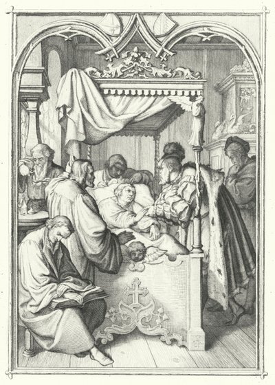 Johannes, kurfyrste af Sachsen, besøger Martin Luther på hospitalet (gravering) af Gustav Ferdinand Leopold Konig