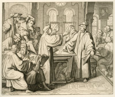 Luther ja Ulrich Zwingli (1494-1531) keskustelevat sakramentista, mutta heillä ei ole sopimusta, Marburgissa 1529 af Gustav Ferdinand Leopold Konig