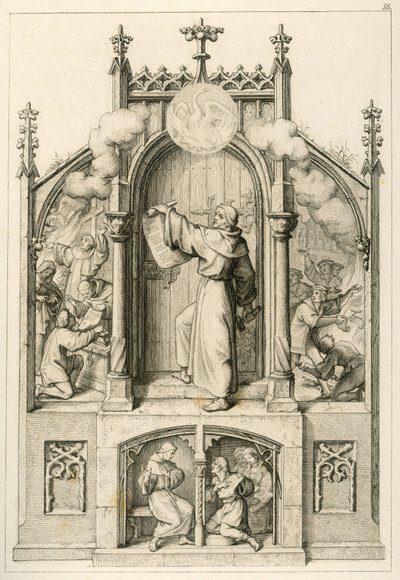 Luther vil ikke give aflad, til venstre: Johann Tetzel (1465-1519) brænder Luthers papirer, hovedbilledet: Luther hænger sine 95 teser op på kirkedøren i Wittenberg, til højre: studerende af universitetet i Wittenberg brænder af Gustav Ferdinand Leopold Konig