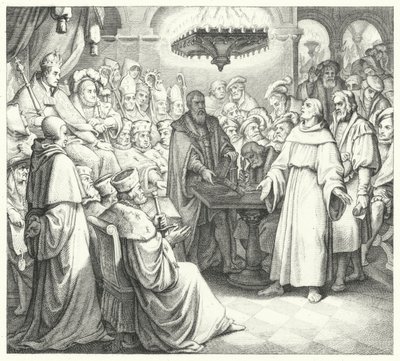 Martin Luther dukker op foran kejser Charles V ved rigsdagen i Worms (gravering) af Gustav Ferdinand Leopold Konig