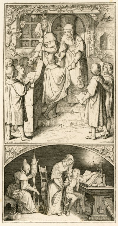 Martin Luther koulupoikana laulaa Ursula Cottan oven edessä Eisenachissa pienelle leivälle. Tässä talossa hän oppii piippua ja luuttua, joten alkuperäinen teksti af Gustav Ferdinand Leopold Konig