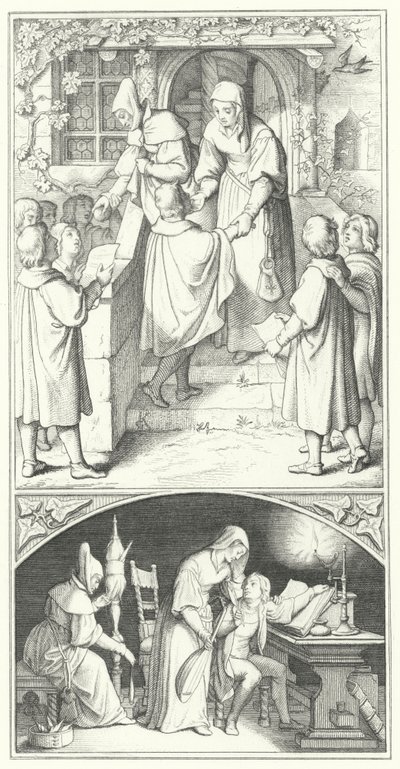Martin Luther som ung student synger i byen Eisenach (gravering) af Gustav Ferdinand Leopold Konig