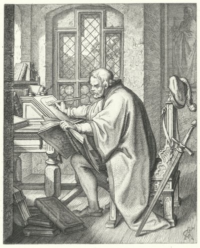 Martin Luther begynder oversættelsen af Bibelen på slottet Wartburg (gravering) af Gustav Ferdinand Leopold Konig