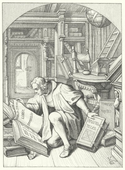 Martin Luther opdager en latinsk bibel i biblioteket på Erfurt Universitet (gravering) af Gustav Ferdinand Leopold Konig