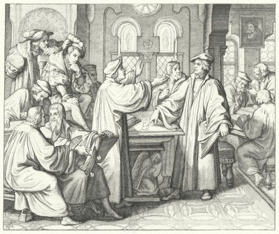 Martin Luther diskuterer nadveren med Huldrych Zwingli (gravering) af Gustav Ferdinand Leopold Konig
