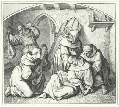 Martin Luther besvimer med en bibel i hånden, og hans venner bringer ham tilbage til fornuften (gravering) af Gustav Ferdinand Leopold Konig