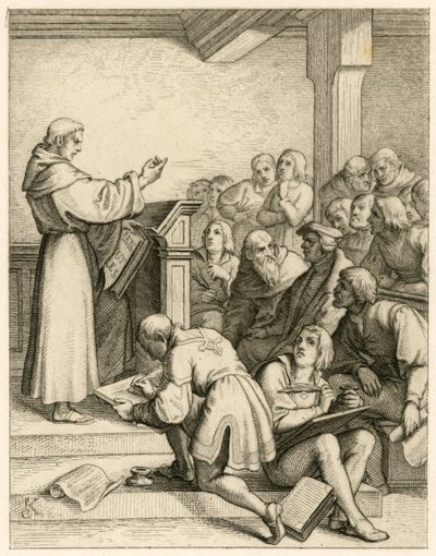 Martin Luther holder forelæsninger på universitetet Wittenberg, foran ham vicekansleren Dr. Pollich og hans faderlige ven Johann von Staupitz (1460-1524) af Gustav Ferdinand Leopold Konig