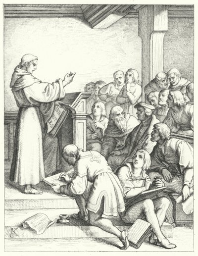 Martin Luther i en filosofi og teologi forelæsning for sin bachelorgrad (gravering) af Gustav Ferdinand Leopold Konig