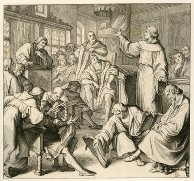 Martin Luther i diskussion med Dr. Johannes Eck (Johann Maier von Eck) (1486-1543), på Luthers side er der Philipp Melanchthon (1497-1560) og Karlstadt (Andreas Rudolf Bodenstein von Karlstadt af Gustav Ferdinand Leopold Konig