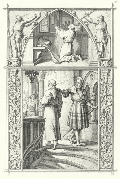 Martin Luther i bøn, mens han forbereder sig til ormenes kost (øverst). Georg von Frundsberg giver opmuntring til Martin Luther (nederst) (gravering) af Gustav Ferdinand Leopold Konig