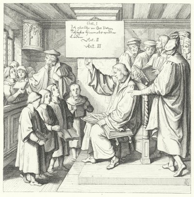 Martin Luther introducerer Katekismus til skolebørn (gravering) af Gustav Ferdinand Leopold Konig