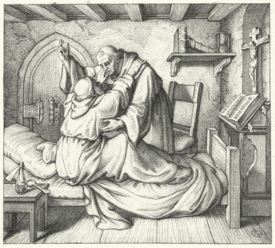 Martin Luther trøstes af en medmunk under hans åndelige pine i klostret (gravering) af Gustav Ferdinand Leopold Konig