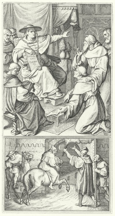 Martin Luther forlader pavens legat i Wittenberg, Thomas Cajetan (øverst). Martin Luther forlader byen Augsburg (nederst) (gravering) af Gustav Ferdinand Leopold Konig