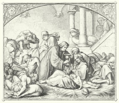 Martin Luther tilbyder trøst til pestramte (gravering) af Gustav Ferdinand Leopold Konig
