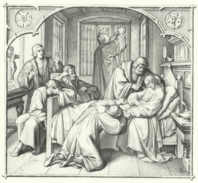 Martin Luther beder ved Philip Melanchthons dødsleje (gravering) af Gustav Ferdinand Leopold Konig
