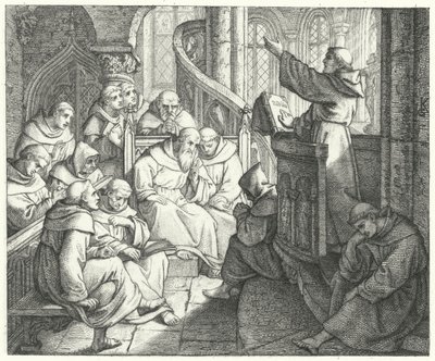 Martin Luther prædiker for Johann von Staupitz og de andre munke ved klostret (stik) af Gustav Ferdinand Leopold Konig