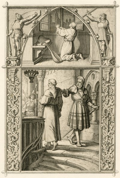 Martin Luther forbereder sig ved en bøn til mødet med kejseren (billedet ovenfor) ; hovedbillede : Luther møder ridderen George (Georg) von Frundsberg (Jorg von Fronsberg, Freundsbergin af Gustav Ferdinand Leopold Konig