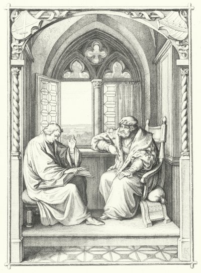 Martin Luther læser fra Bibelen for Johannes, kurfyrst af Sachsen (stik) af Gustav Ferdinand Leopold Konig