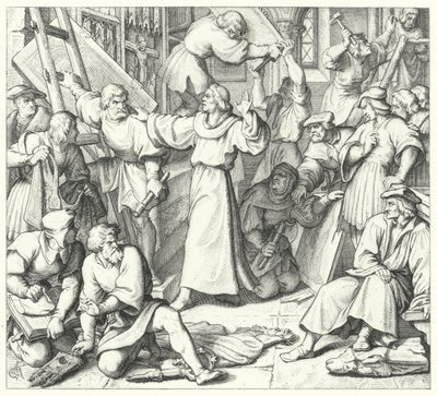 Martin Luther holder ikonoklasterne i Wittenberg tilbage (gravering) af Gustav Ferdinand Leopold Konig