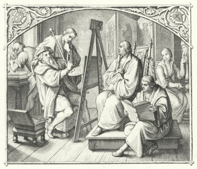 Martin Luther sidder for et maleri af Lucas Cranach den Ældre (gravering) af Gustav Ferdinand Leopold Konig