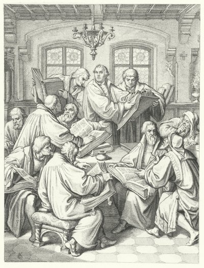 Martin Luther oversætter biblen til tysk (gravering) af Gustav Ferdinand Leopold Konig